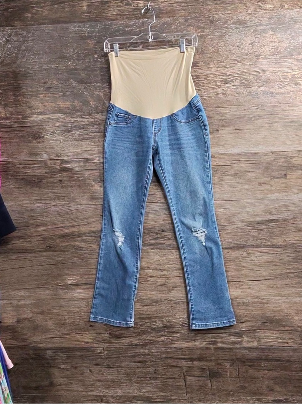 Indigo Blue Beige Panel Straight Leg Maternity Jeans